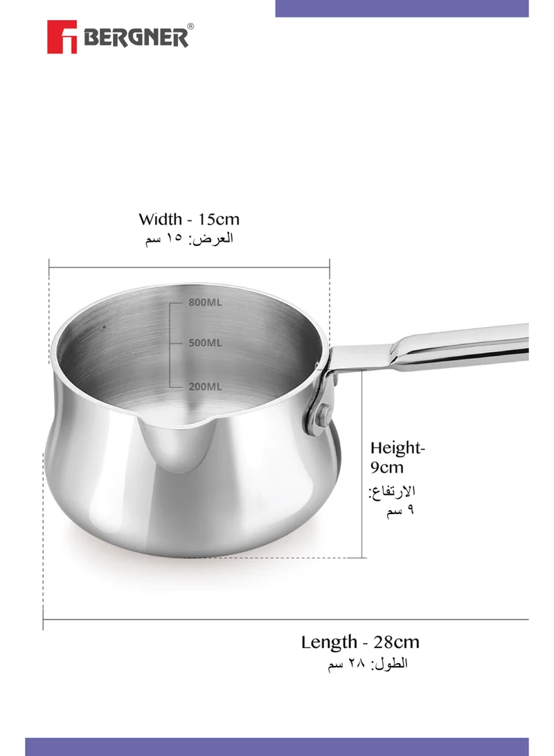 BERGNER Bergner Essentials 12cm (900ml) Tri-Ply Stainless Steel Milk & Coffee Warmer with Handle, Small Pan for Heating Beverages, Melting Butter, Sauces, Easy to Pour, Induction & Gas Stove Compatible